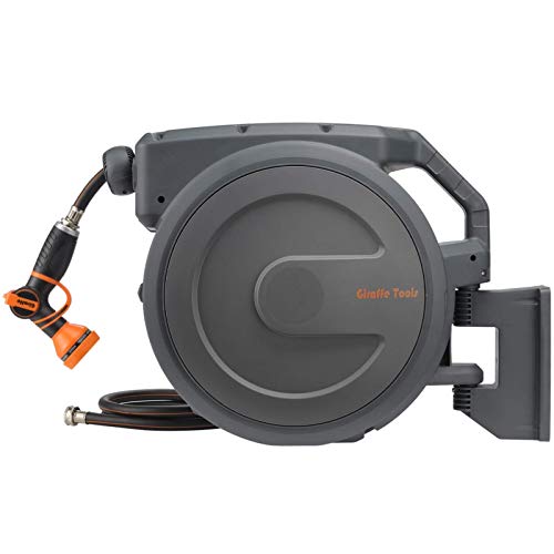Giraffe Retractable Garden Hose Reel 1/2" 100ft with 9 Pattern Hose Nozzle, Wall Mounted Water Hose Reel Automatic Rewind with Any Length Lock and 180° Swivel Bracket