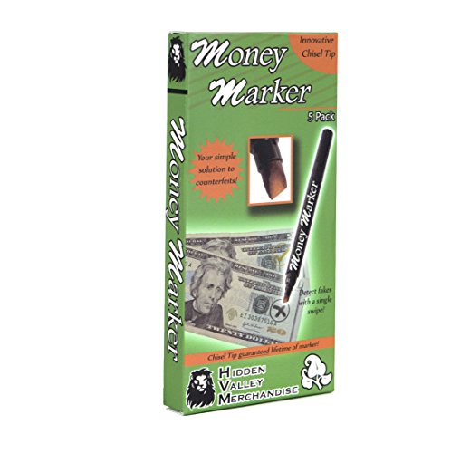 Money Marker (5 Counterfeit Pens) - Counterfeit Bill Detector Pen with Upgraded Chisel Tip - Detect Fake Counterfit Bills, Universal False Currency Pen Detector Pack
