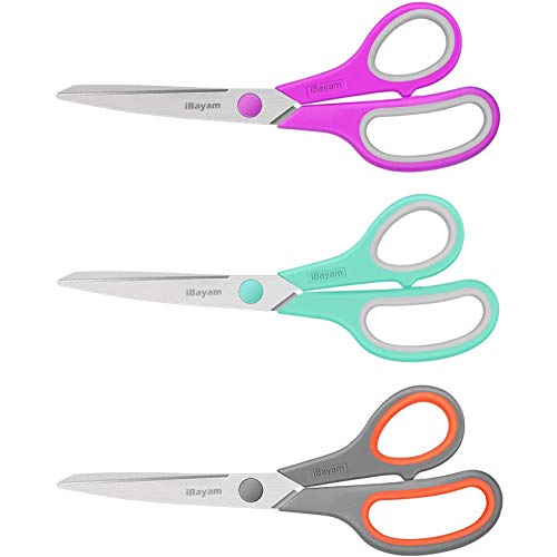 Scissors, iBayam 8" Multipurpose Scissors Bulk Ultra Sharp Shears, Comfort-Grip Sturdy Scissors for Office Home School Sewing Fabric Craft Supplies, Right/Left Handed, 3-Pack, Mint, Grey, Pink