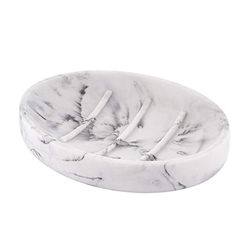 YININE Soap Dish, Marble Look Bar Soap Holder Oval Soap Sponge Tray Soap Case Box Saver for Bathroom Shower Kitchen Sink- White Marble Look